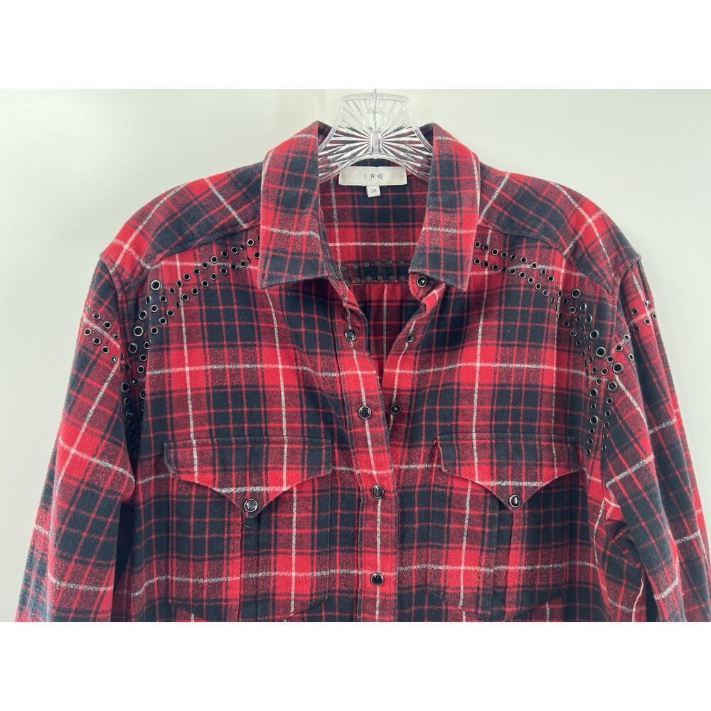 IRO Women’s Long Sleeve Flannel Snap Front Cotton Plaid Top Grommet Detail 38/6 - Picture 2 of 10